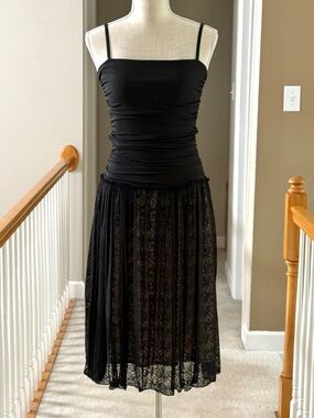 Max Studio Black Ruched Lace Midi Dress Womens Small 6908T51 Cocktail Event